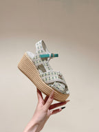 CC 25ss Espadrille Sandals 85mm Greenish-Blue Colorful Tweed Cowhide 462245