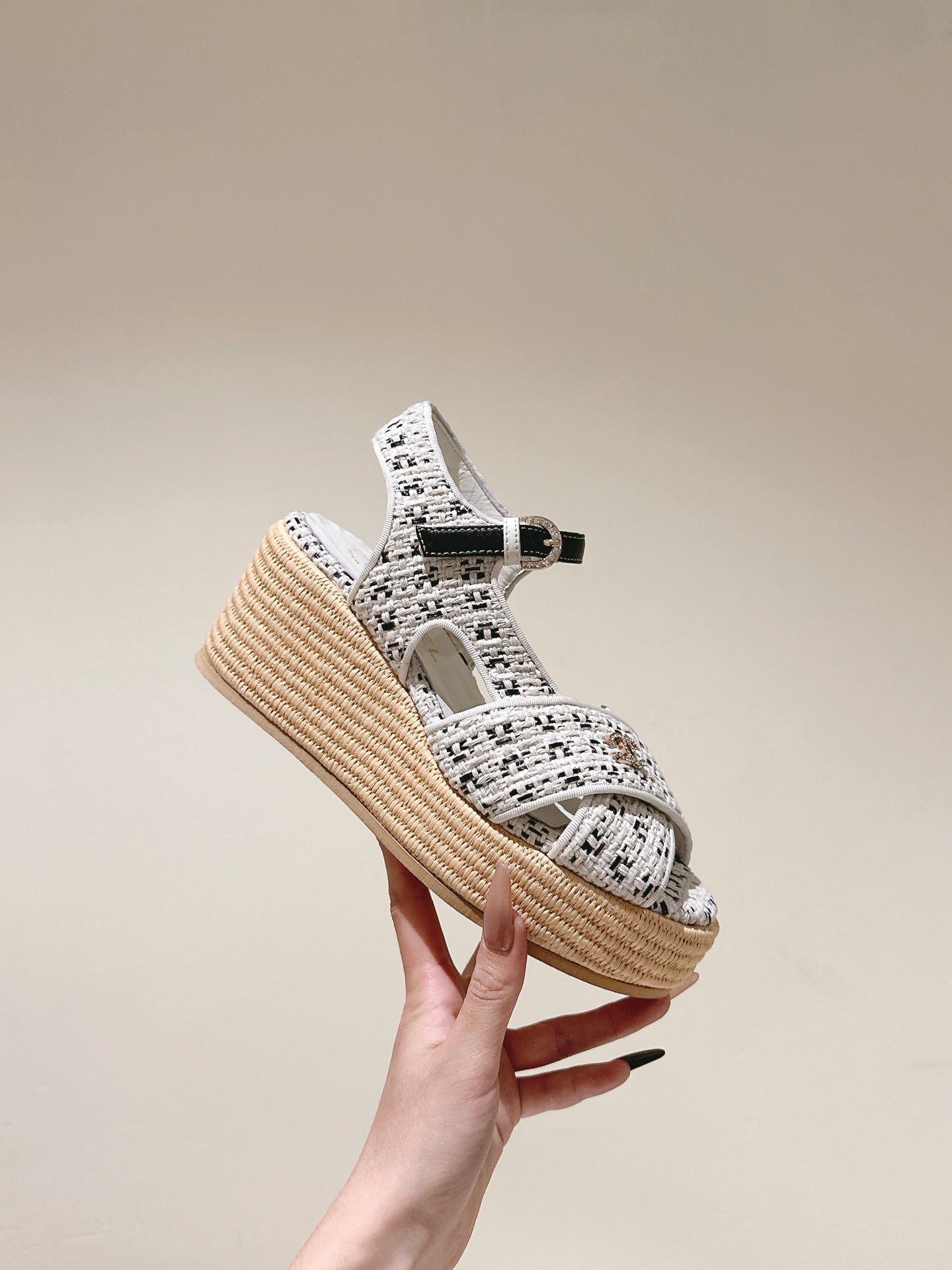 CC 25ss Espadrille Sandals 85mm Black Colorful Tweed Cowhide 462246