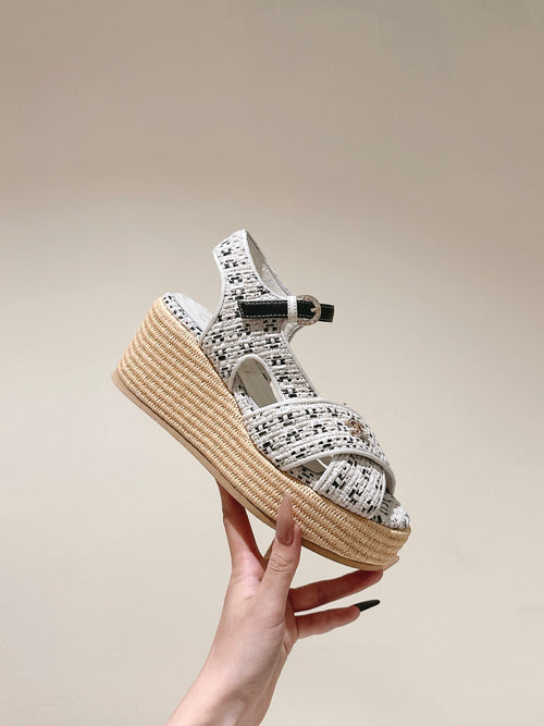 CC 25ss Espadrille Sandals 85mm Black Colorful Tweed Cowhide 462246