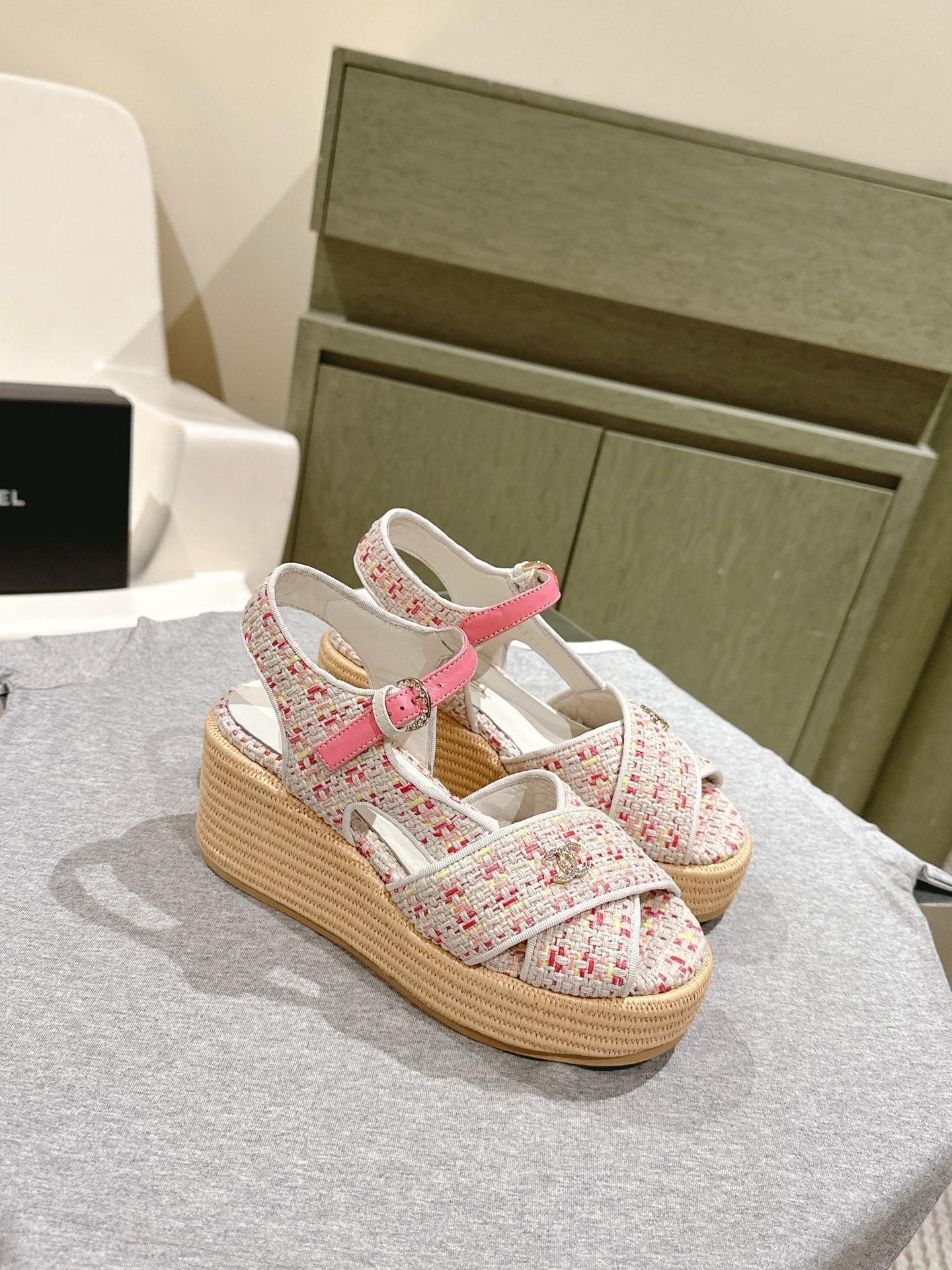 CC 25ss Espadrille Sandals 85mm Pink Colorful Tweed Cowhide 462247