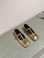 The Row Square T-Strap Flat Gold Metallic Leather 451286