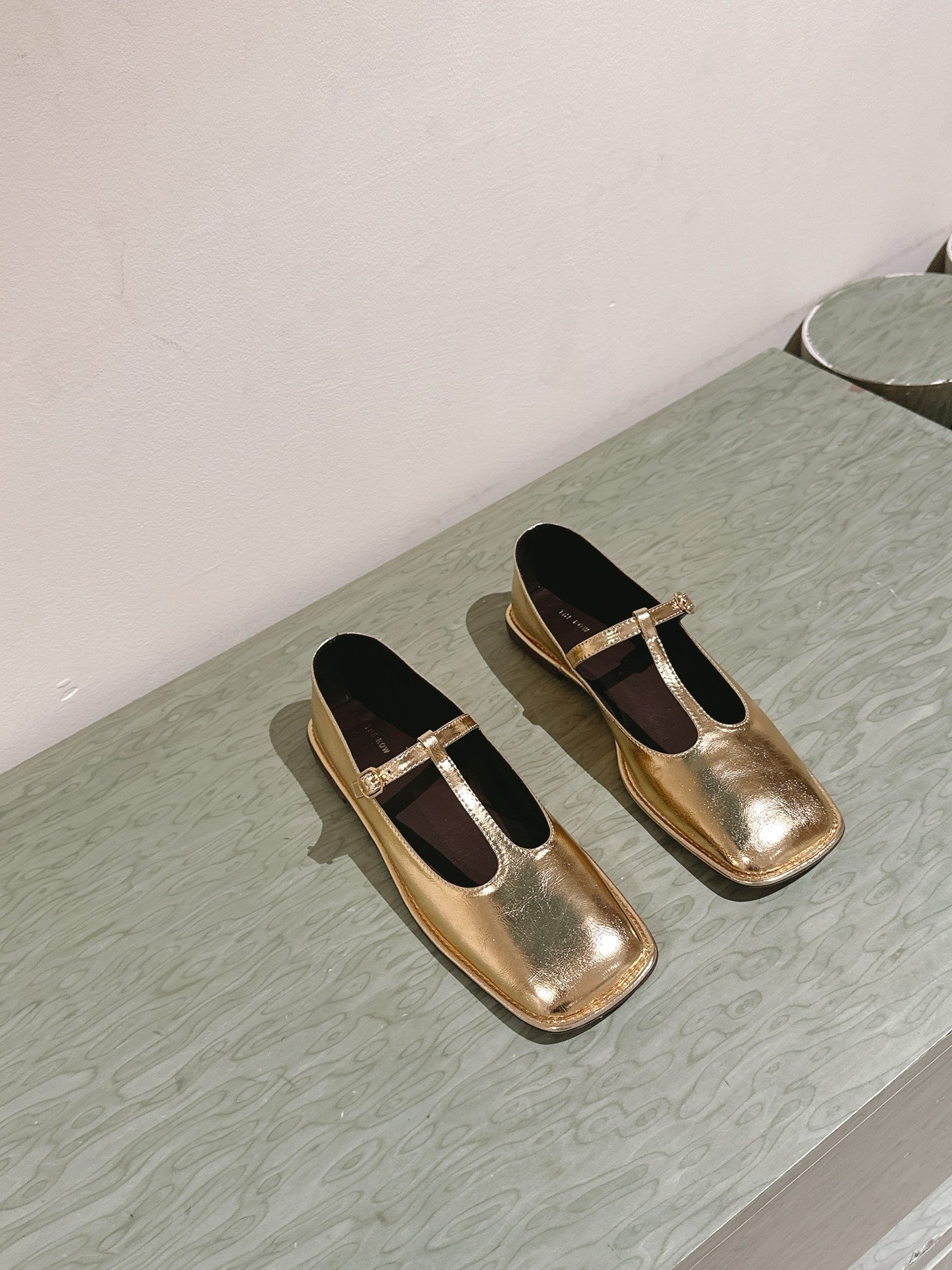 The Row Square T-Strap Flat Gold Metallic Leather 451286