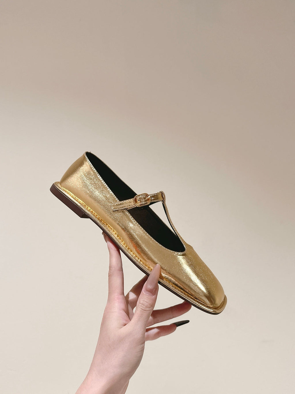 The Row Square T-Strap Flat Gold Metallic Leather 451286