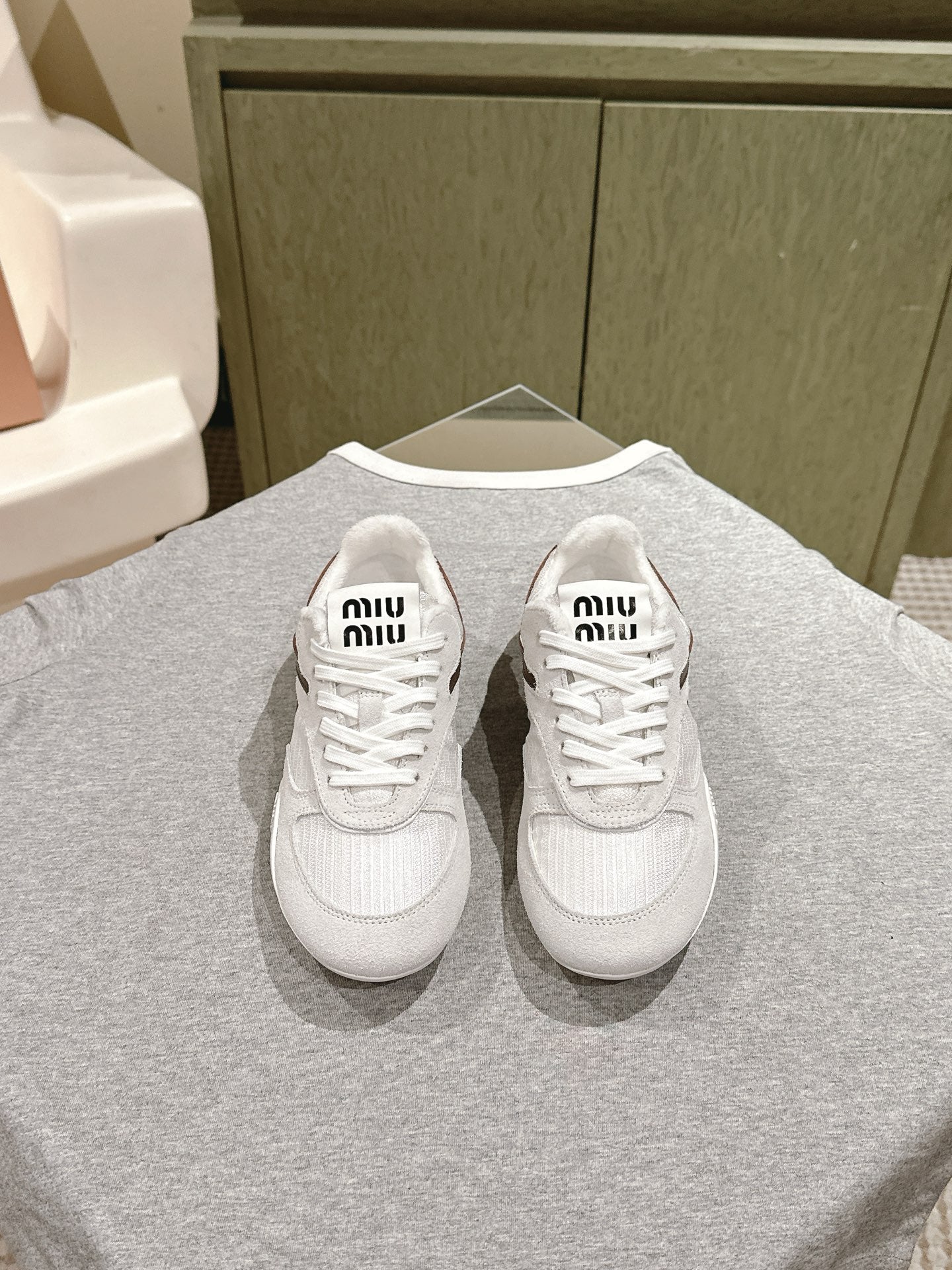 Miu Gymnasium Sneakers Brown White Technical Fabric & Suede 445725