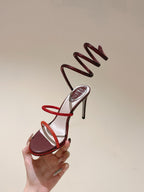 RC 25 Snake-Shaped High-Heeled Sandals Dark Red Silk Rhinestones 268061
