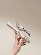 RC 25 Thong Multicolor Flower Flat Sole Light Pink Silk Rhinestones 268067