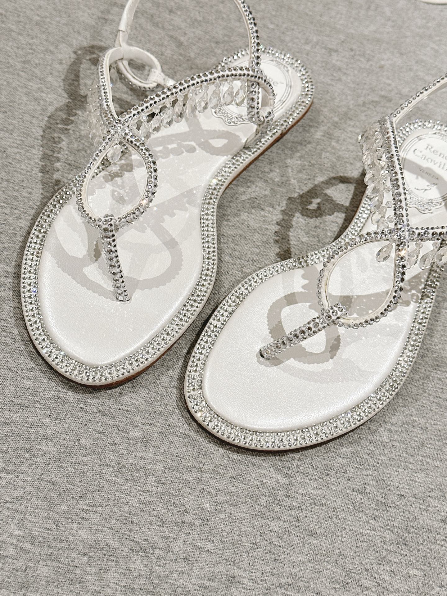RC 25 Thong Diamond Flat Sole White Silk Rhinestones 268068