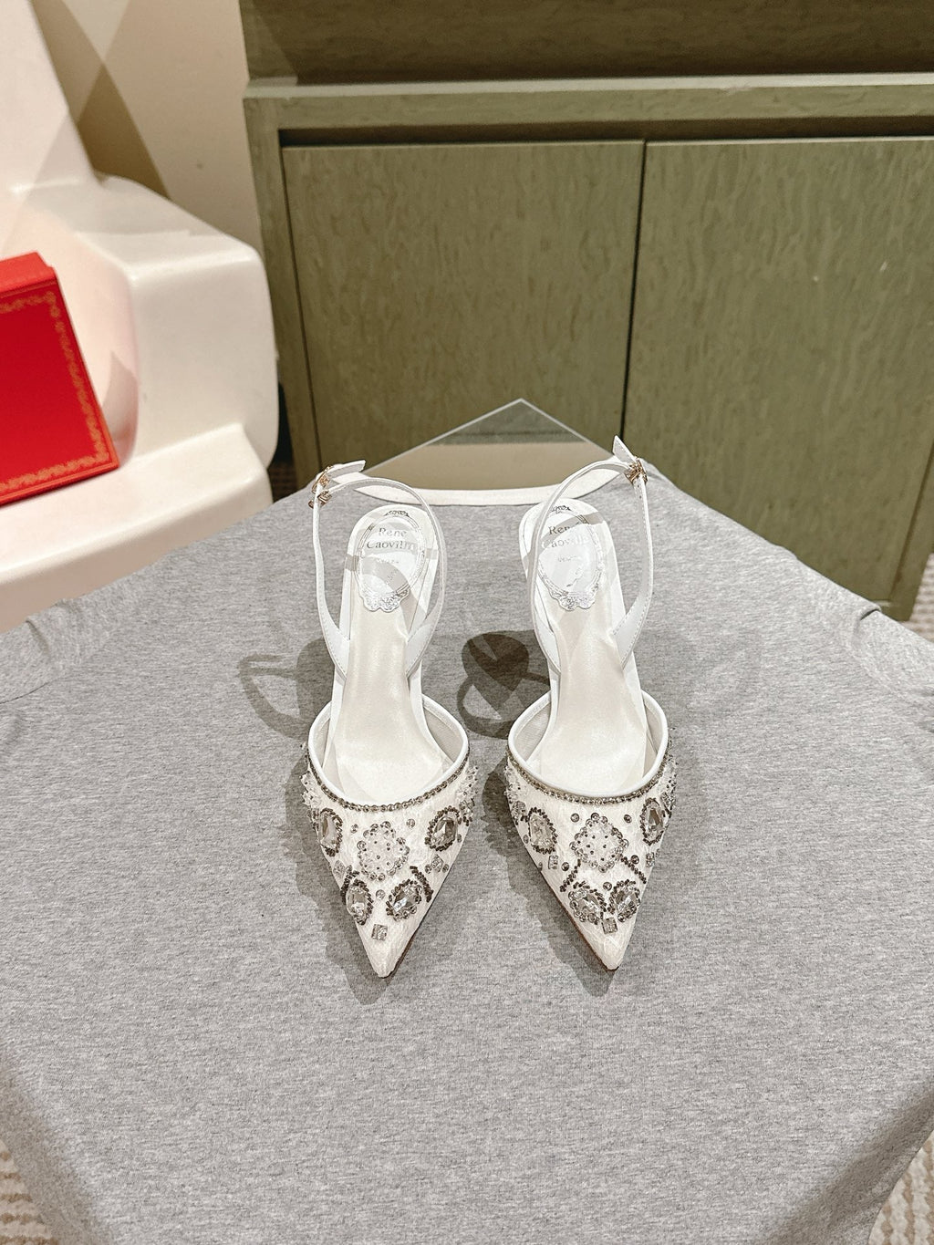 RC 25C Slingback Diamond High Heel 8cm White Silk Rhinestones 268078