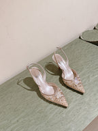 RC 25C Slingback Diamond High Heel 7.5cm Beige Silk Rhinestones 268079