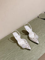 RC 25C Slingback Lace Mesh High Heel 7.5cm White Silk Rhinestones 268082