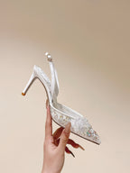 RC 25C Slingback Lace Mesh High Heel 7.5cm White Silk Rhinestones 268082