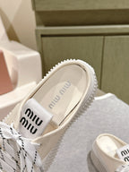 Miu Miu Biscuit Shoes Platform Mules Cream  Denim Canvas 532871