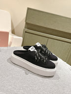 Miu Miu Biscuit Shoes Platform Mules Black Denim Canvas 532872