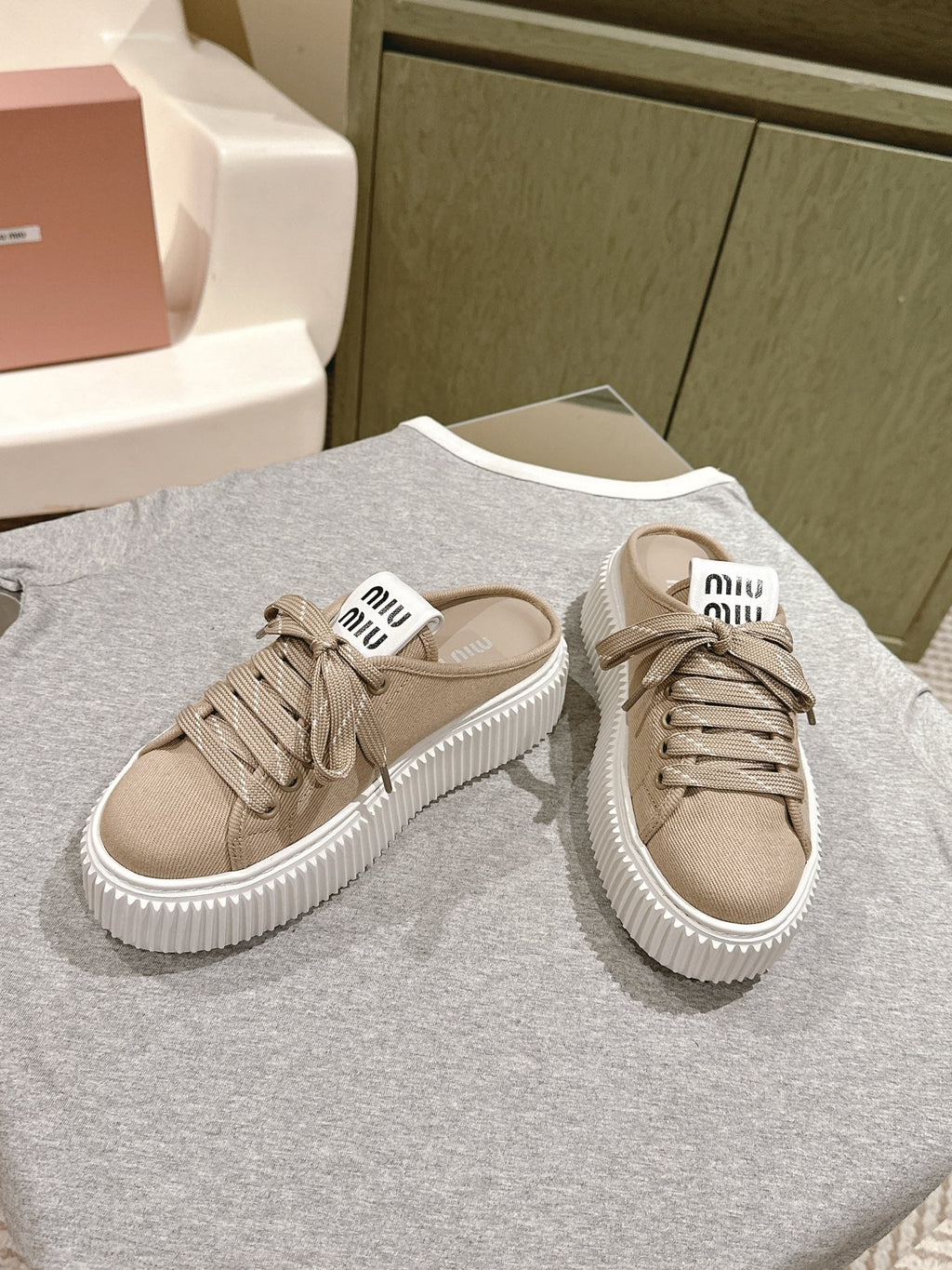 Miu Miu Biscuit Shoes Platform Mules Beige Denim Canvas 532873