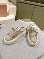 Miu Miu Biscuit Shoes Platform Mules Beige Denim Canvas 532873