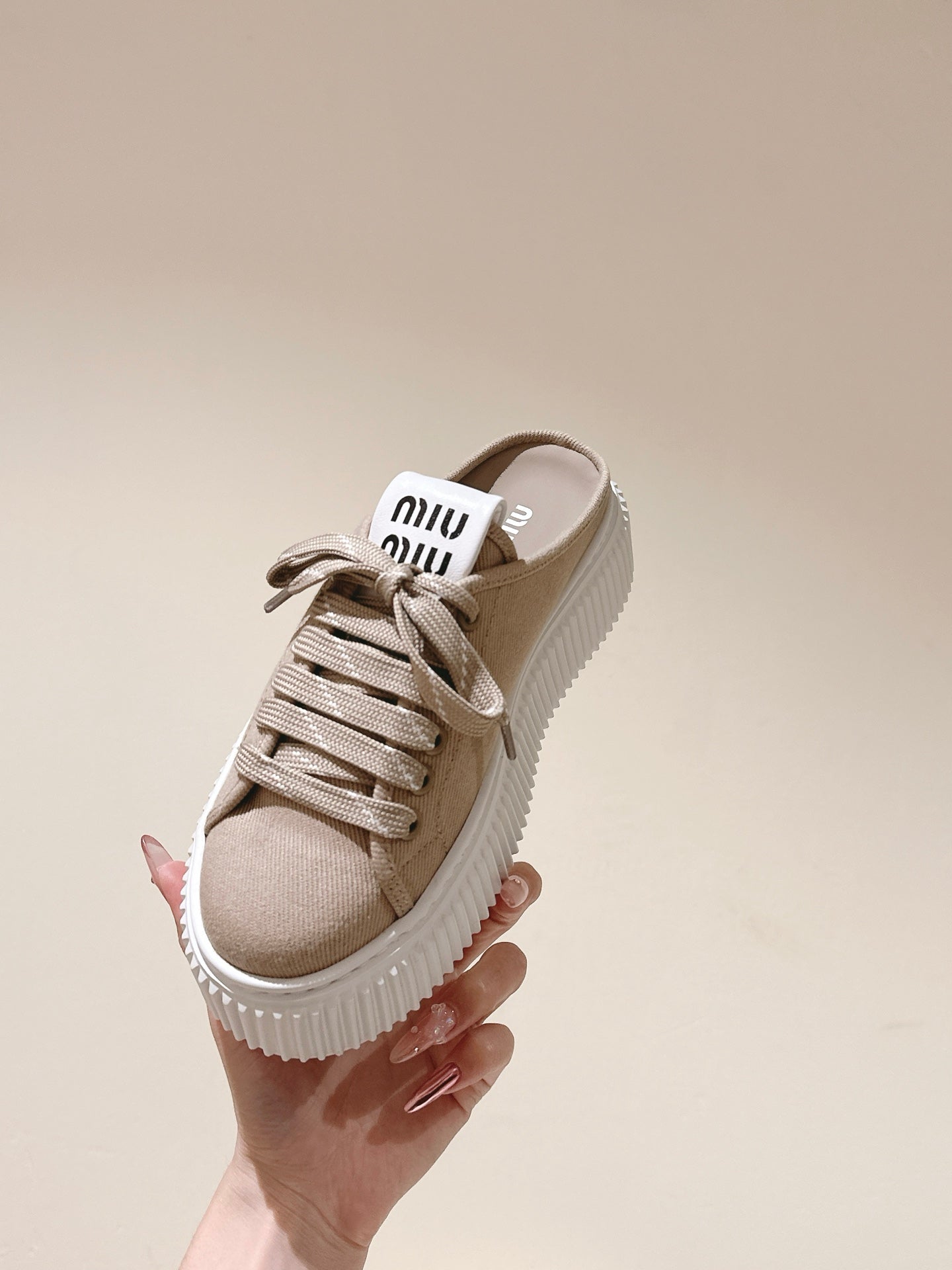 Miu Miu Biscuit Shoes Platform Mules Beige Denim Canvas 532873