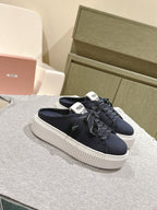 Miu Miu Biscuit Shoes Platform Mules Navy  Denim Canvas 532874