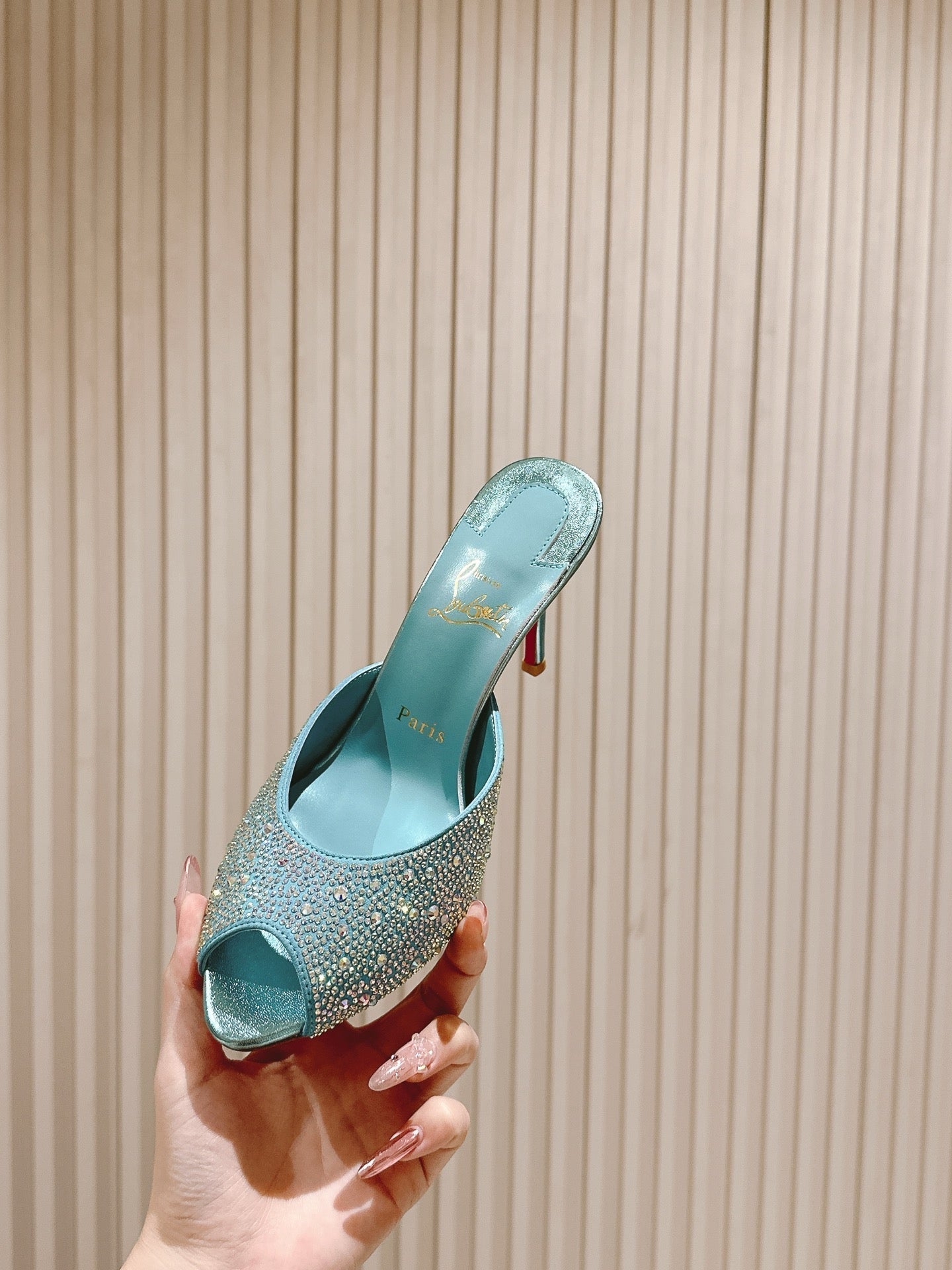 CL 25s Me Dolly Sandal Mule Heel Pump 85mm Blue Sheepskin 446689