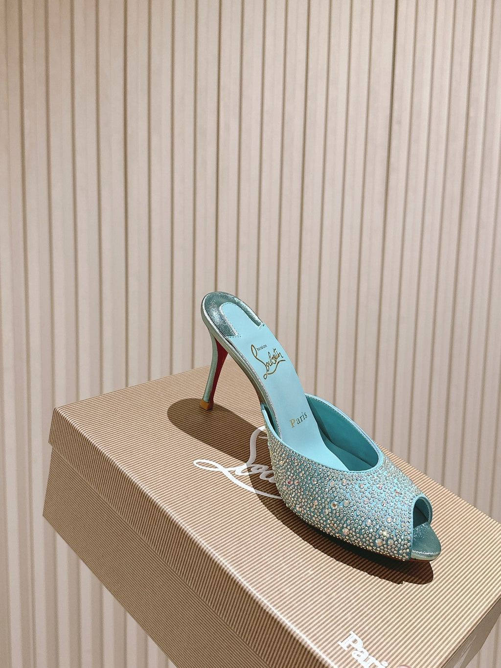 CL 25s Me Dolly Sandal Mule Heel Pump 85mm Blue Sheepskin 446689