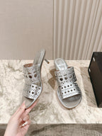 Alaia 2025 Vienne Cutout Kitten-Heel Slide Sandals Silver Leather 293647