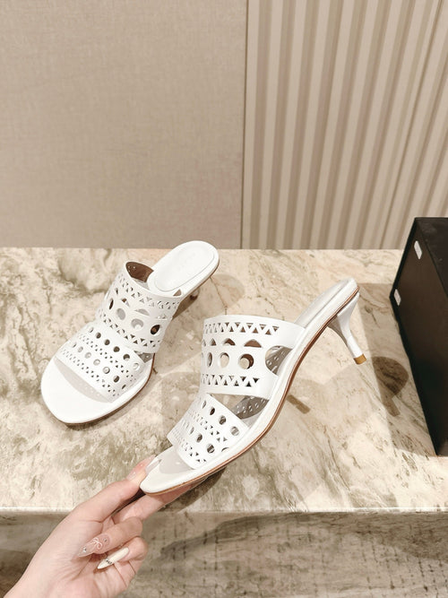 Alaia 2025 Vienne Cutout Kitten-Heel Slide Sandals White Leather 293650