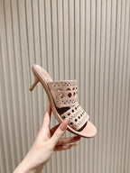 Alaia 2025 Vienne Cutout Kitten-Heel Slide Sandals Pink Leather 293651
