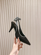 Miu Mordoré Pointed Toe Slingback Pumps 85mm Black Cowhide Sheepskin 445788