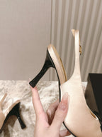 CC 25ss Bow Tie Slingbacks 85mm Beige Satin & Patent Leather 447413