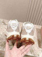 Miu Technical Sneakers White Light Brown Cowhide Fabric 445810