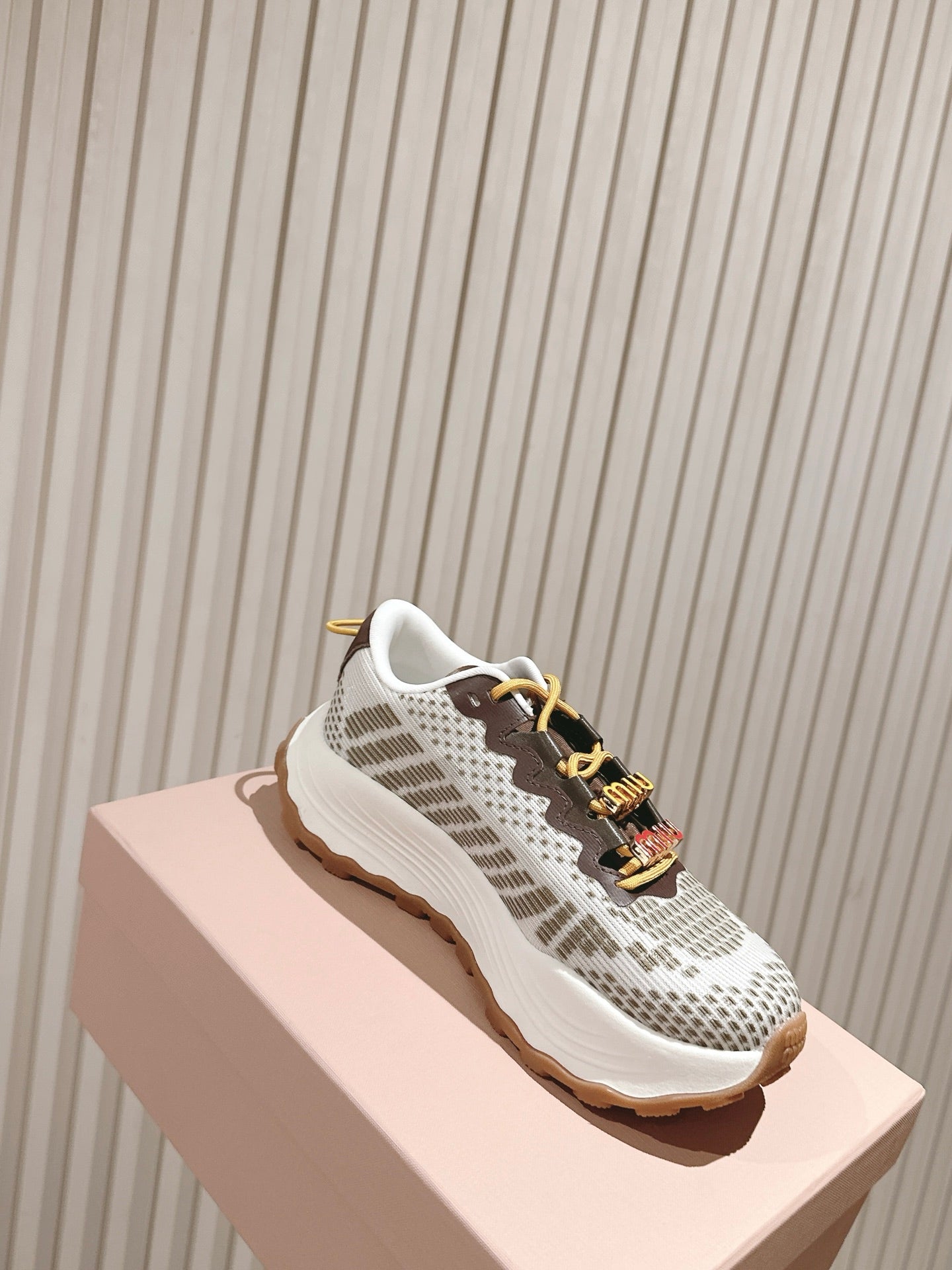 Miu Technical Sneakers White Olive Cowhide Fabric 445811