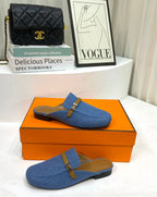 IENA MULE LAPIS CANVAS AND CARAMEL CALFSKIN