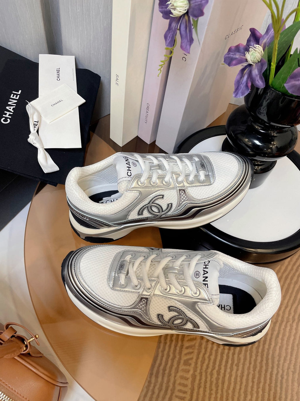 cc classic sneaker white fabric silver metalic calfskin