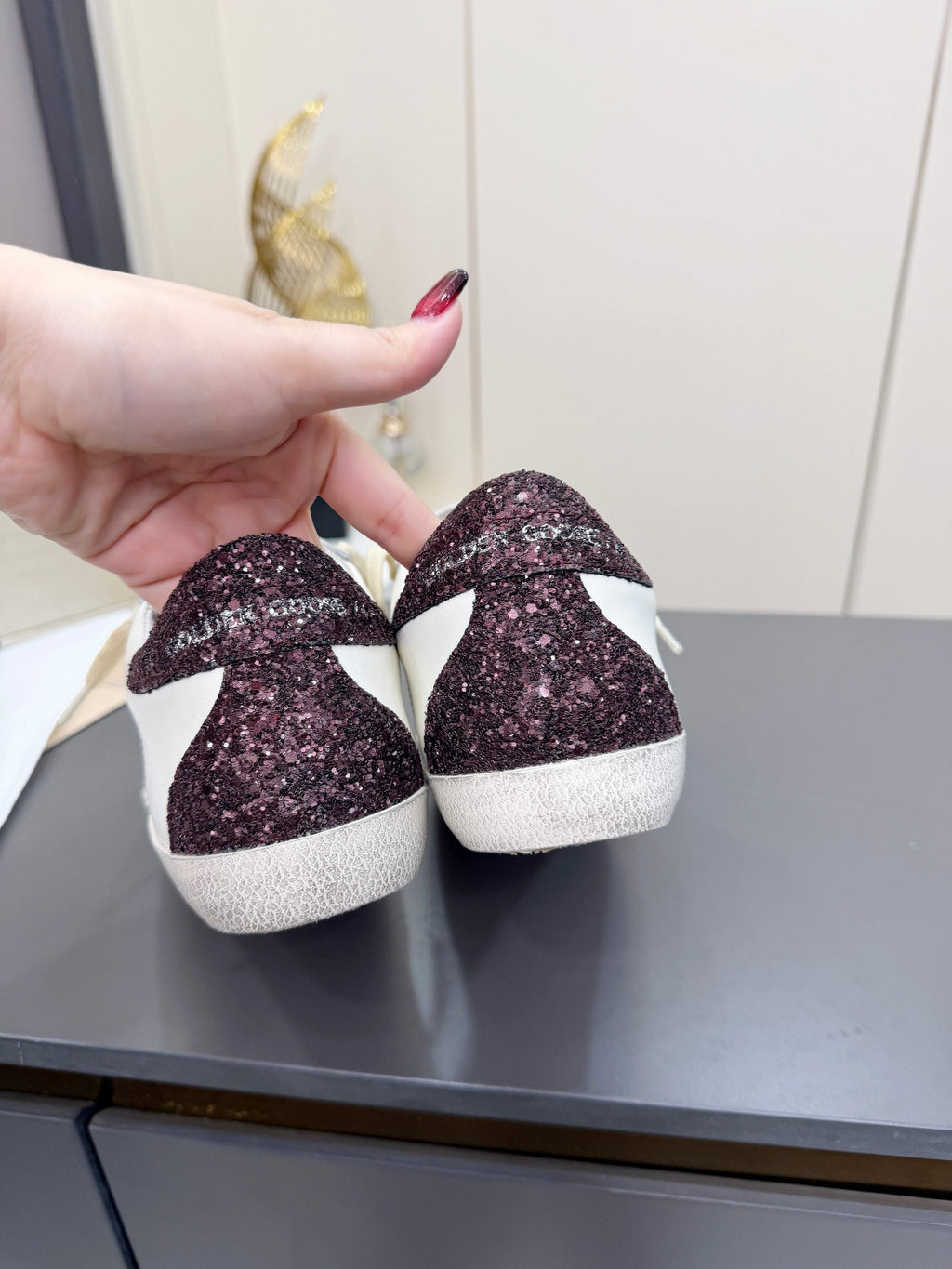 Golden Goose 26s Superstar Sneakers White Sliver Burgundy Glitter Leather 735893