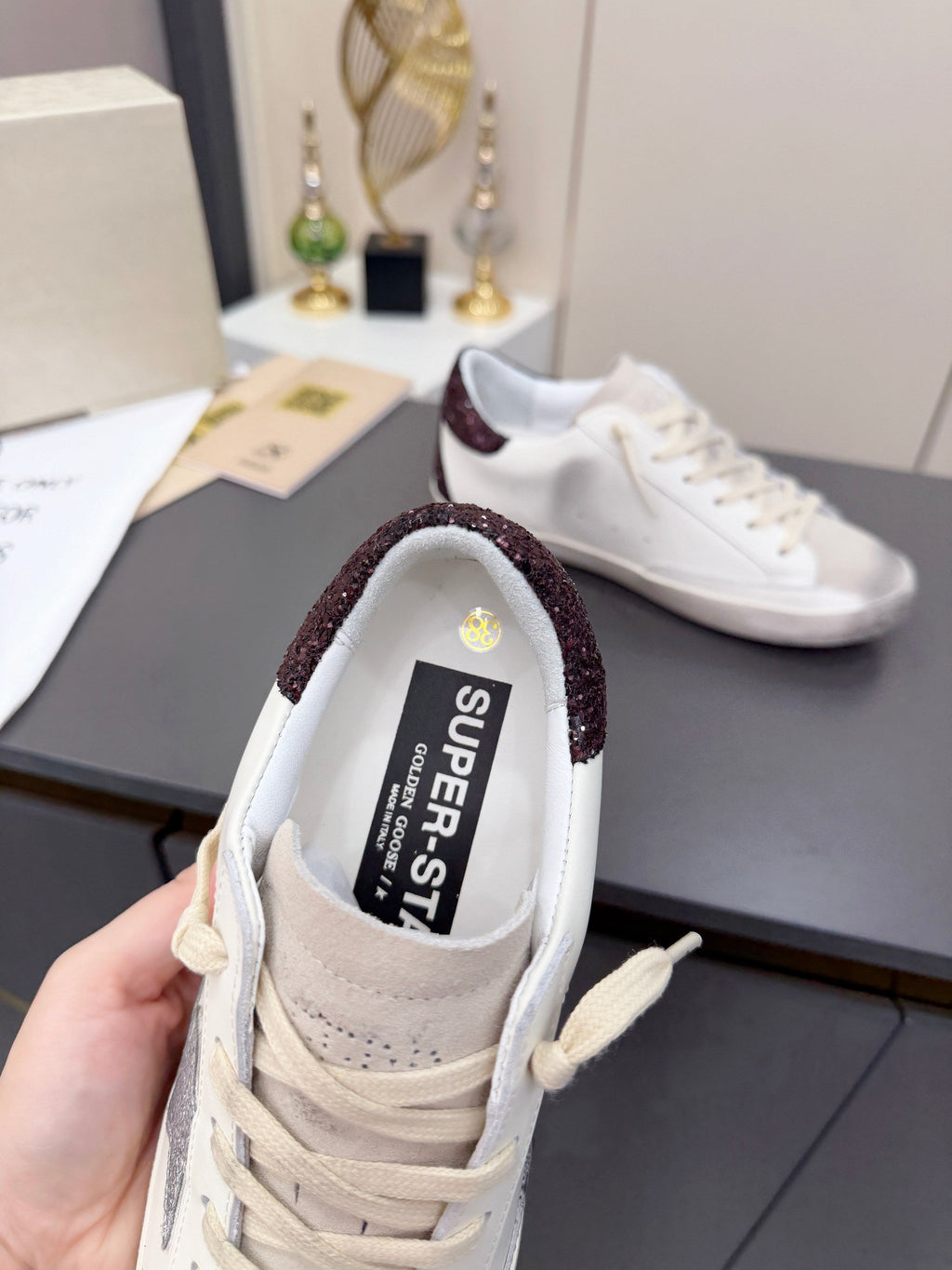 Golden Goose 26s Superstar Sneakers White Sliver Burgundy Glitter Leather 735893
