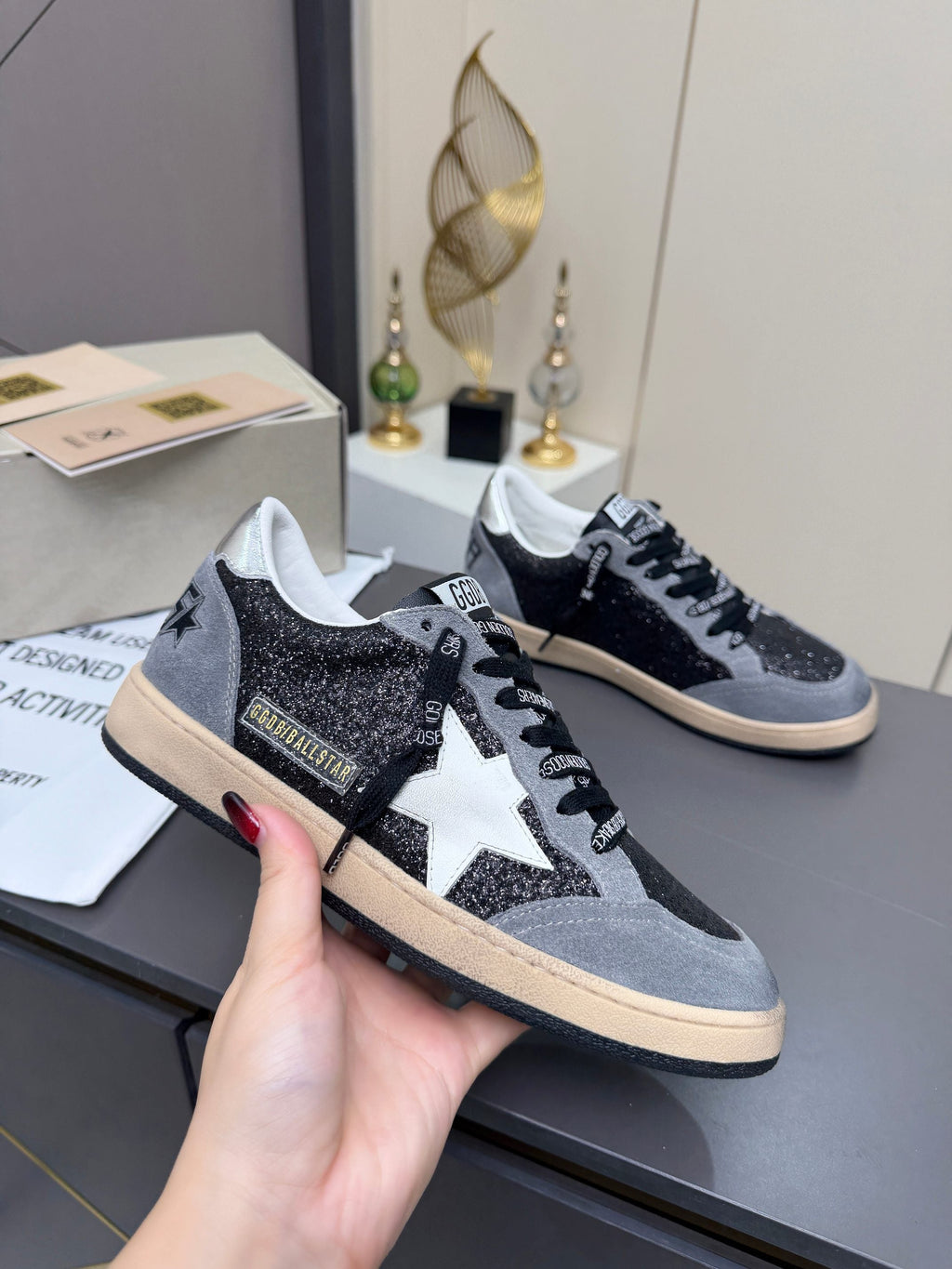 Golden Goose 26s Ball Star Sneakers Black Grey Suede Glitter 735897