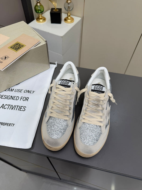 Golden Goose 26s Ball Star Sneakers Sliver Grey Suede Glitter 735899
