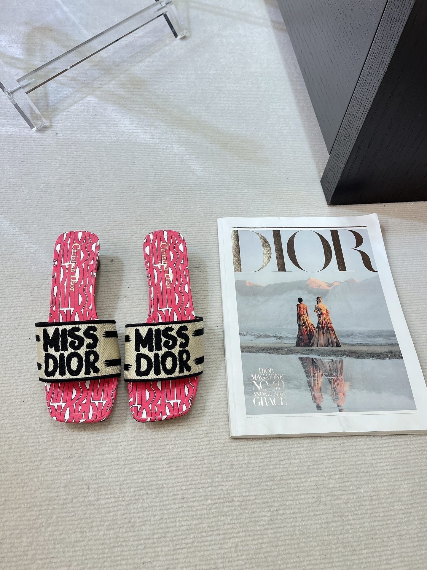 dway heeled slide 35 embroidered cotton red miss cd alllover motif