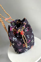 CC BACKPACK 22CM BLACK & MANY OTHER COLORS PRINTED FABRIC GOLD HARDWARE