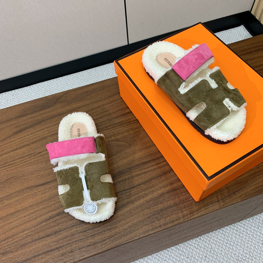 HM Chypre Sandal In Army Green Mix Pink Fleece And Suede 984192