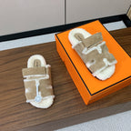 HM Chypre Sandal In Light Brown Mix White Fleece And Suede 984197
