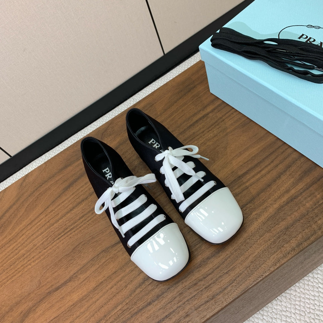 Prada 25s Mary Jane Shoes 55mm Black Satin White Patent Leather