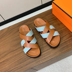 HM Kazimir Sandal Light Blue Brown Canvas Calfskin 294000