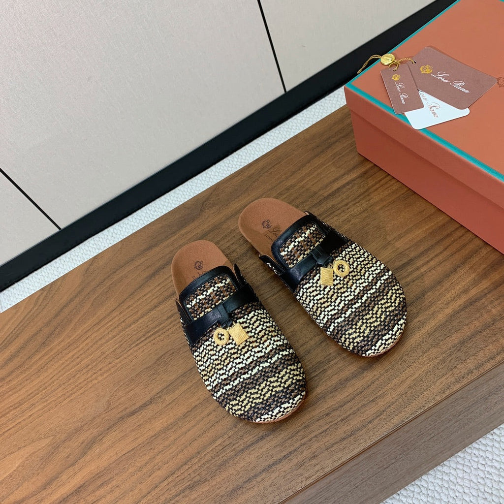 LP Birkenstock slippers black beige raffia calfskin 386726