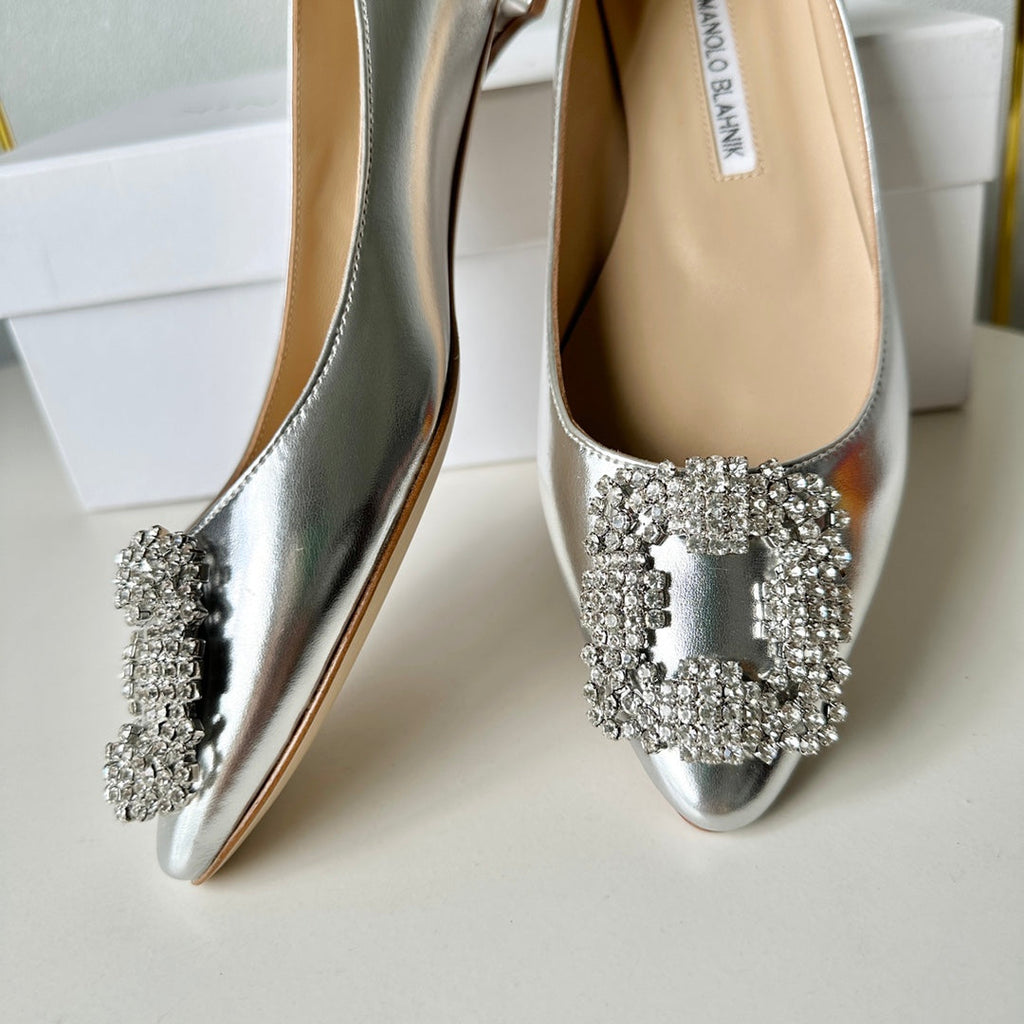 Manolo Diamond Buckle Pumps Silver   Cowhide 451180
