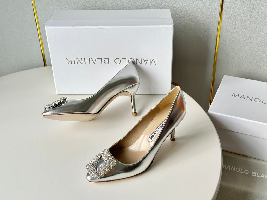 Manolo Diamond Buckle Pumps Silver   Cowhide 451180