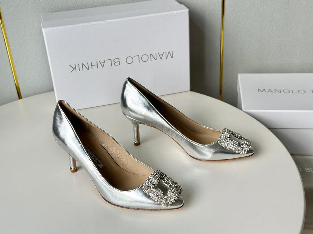 Manolo Diamond Buckle Pumps Silver   Cowhide 451180
