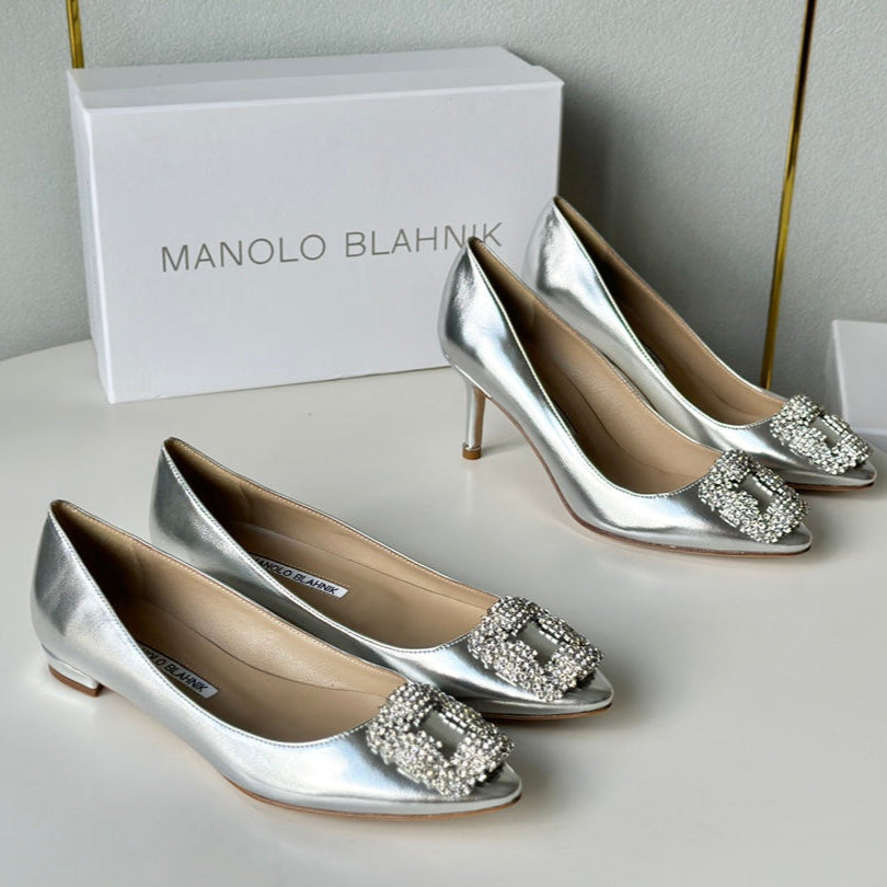Manolo Diamond Buckle Pumps Silver   Cowhide 451180