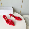 Manolo Mules Latest Checkerboard Red Fabric Leather 528007