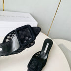 Manolo Mules Latest Checkerboard Black Fabric Leather 528010