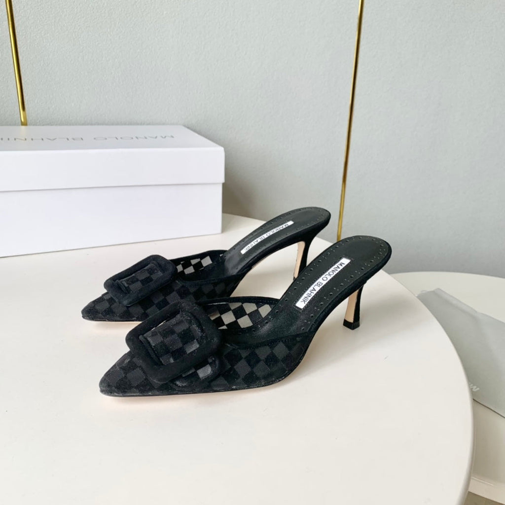 Manolo Mules Latest Checkerboard Black Fabric Leather 528010